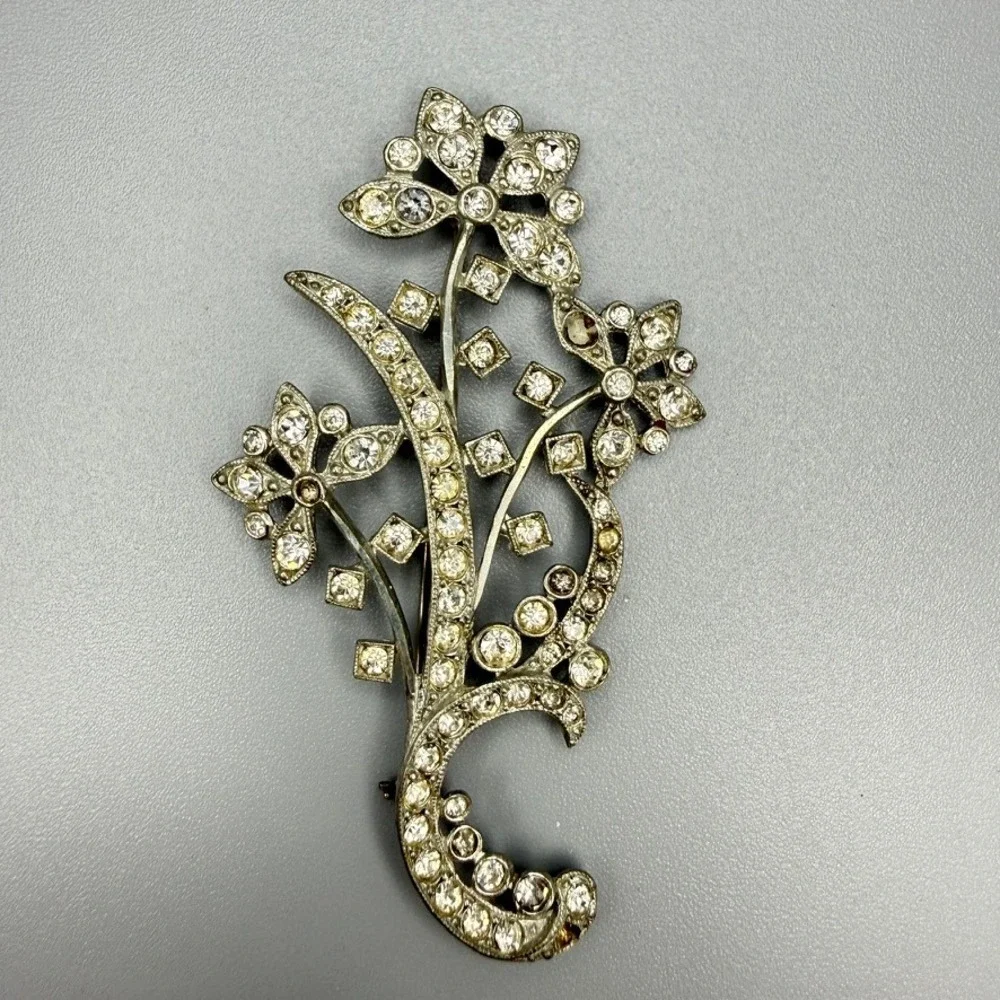 Vintage Pot Metal Floral Rhinestone Brooch c. 1940s Silver Tone Extra Large